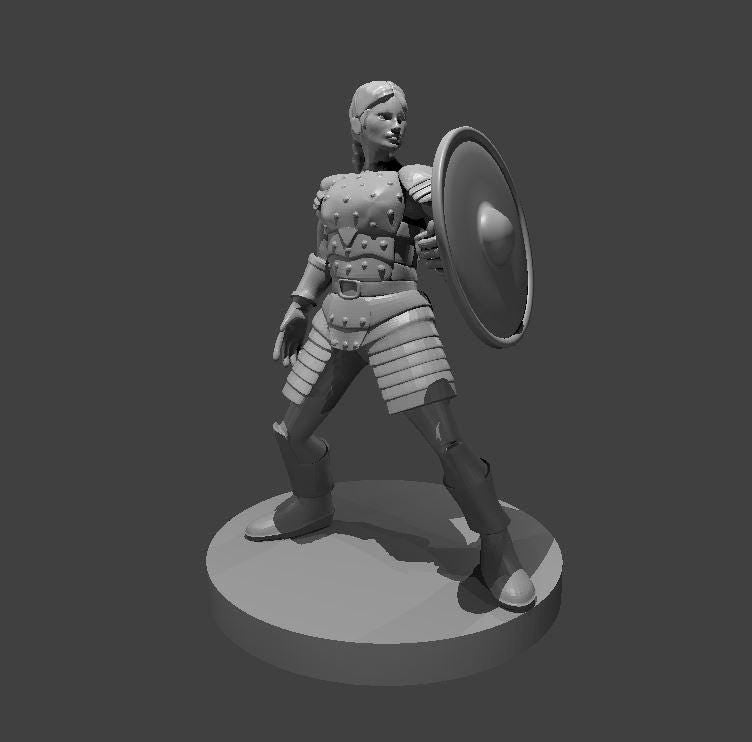 Human Female Cleric Miniature with Shield in Studded Leather Armor - Theboxanddice