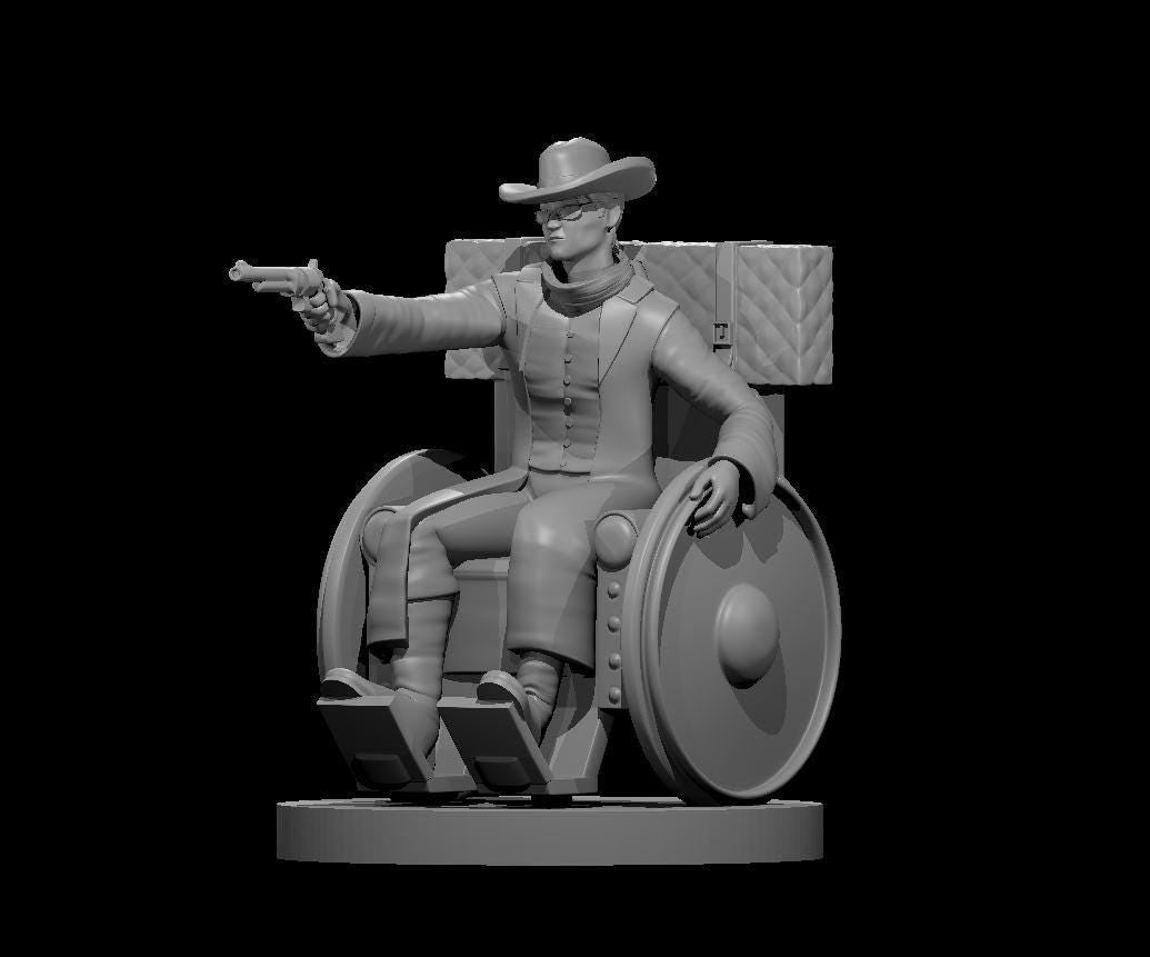 Human Male Gunslinger in a Wheelchair Miniature - Theboxanddice